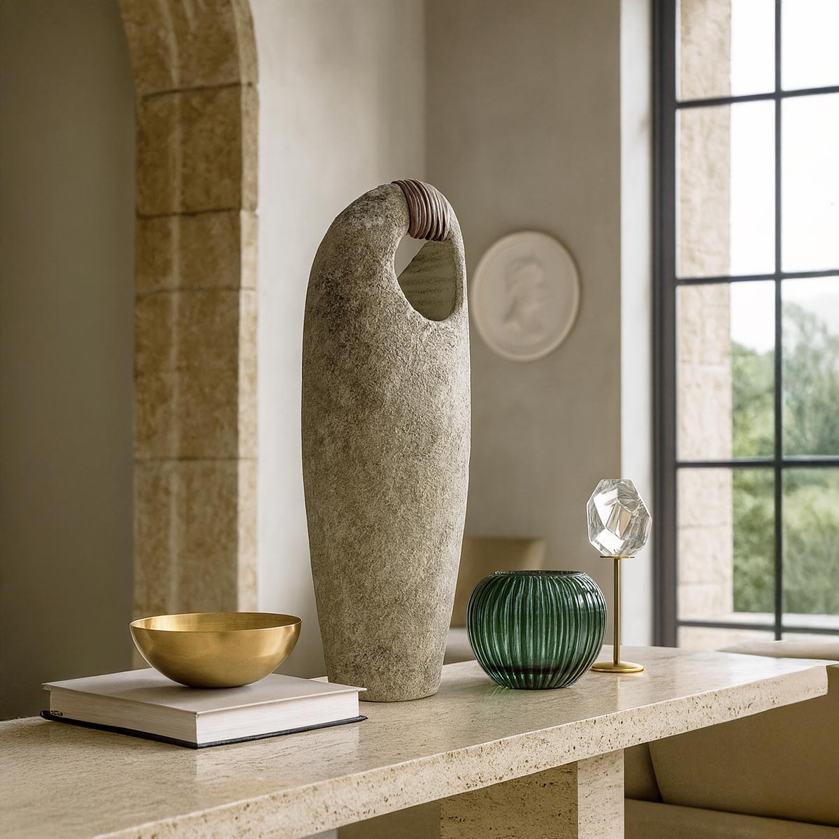 Primo piano dell'intreccio in vimini naturale che chiude l'apertura della scultura Anima Ovale.