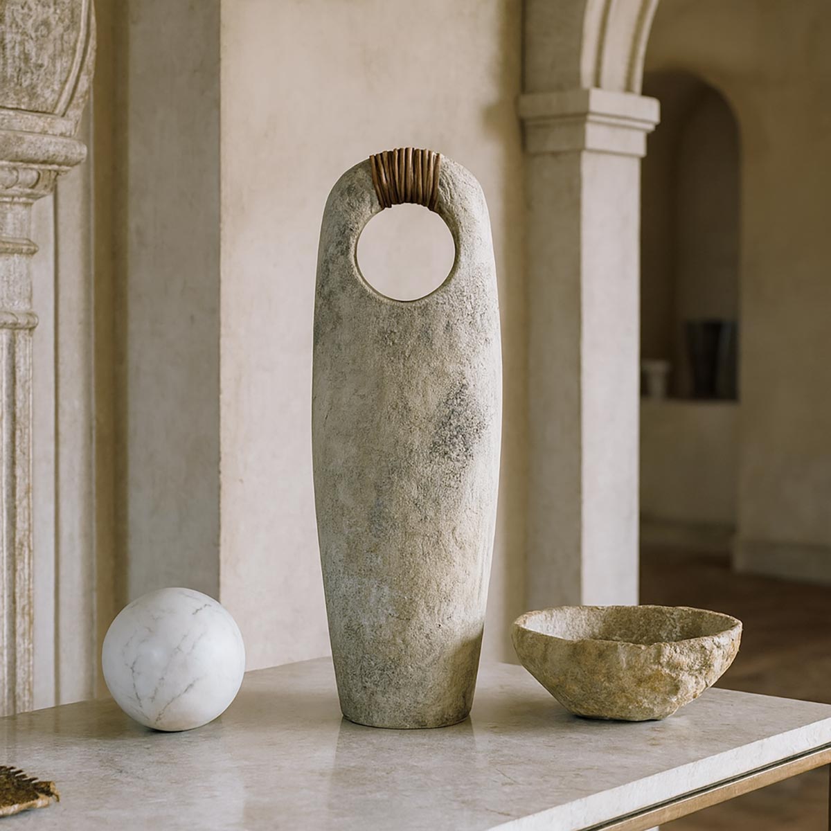 Scultura in ceramica Anima Ovale, con intreccio in vimini e forma totemica, su sfondo bianco.