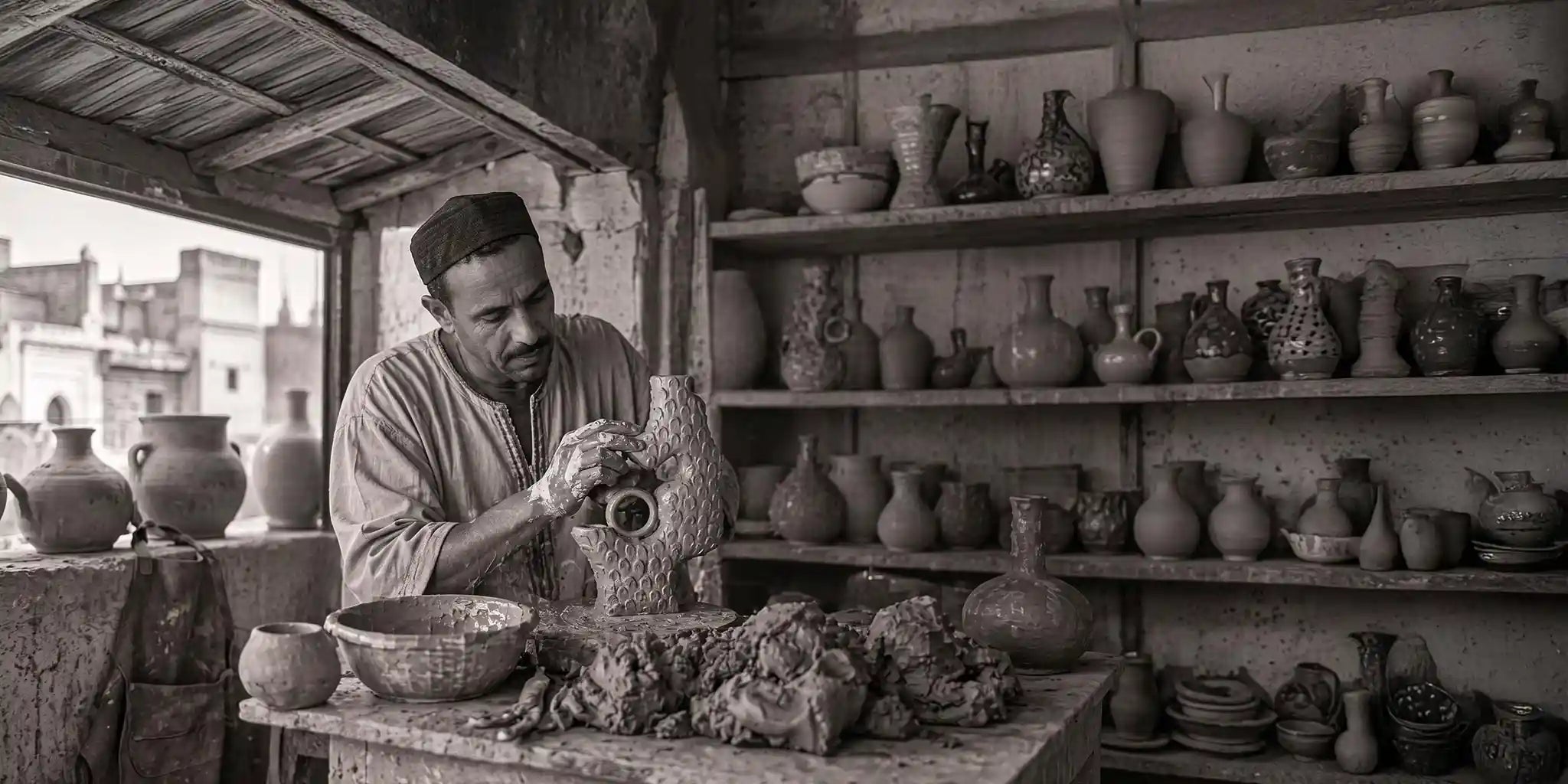 Artigiano marocchino al lavoro nel suo laboratorio mentre modella a mano un vaso scultura in ceramica per la collezione Anatomie del Silenzio