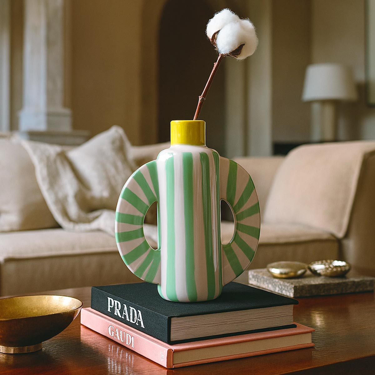 Primo piano della sommità giallo brillante del vaso in ceramica Aurora Radiale.