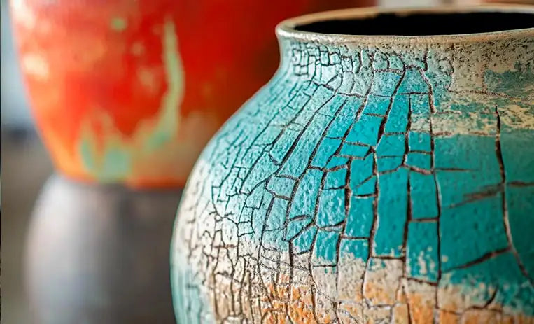 Dettaglio macro della texture craquelé su un vaso in ceramica smaltata turchese e rossa.