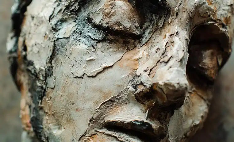 Primo piano di una scultura artistica in argilla grezza raffigurante un volto con texture imperfetta