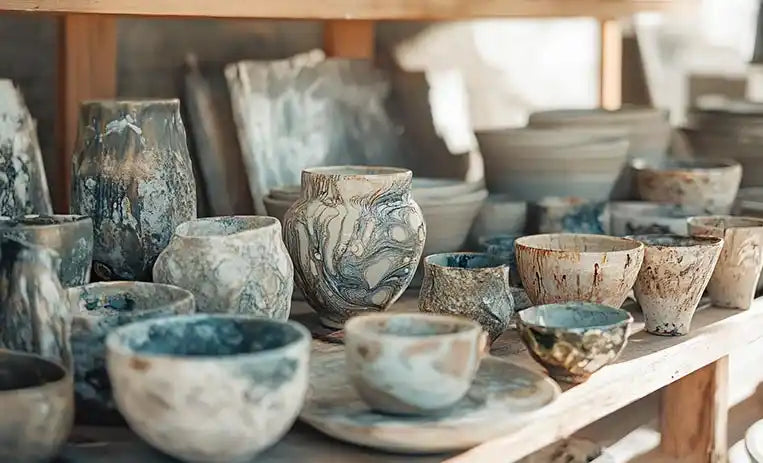Scaffali di un laboratorio artigianale pieni di vasi e ciotole in ceramica grezza in fase di lavorazione.