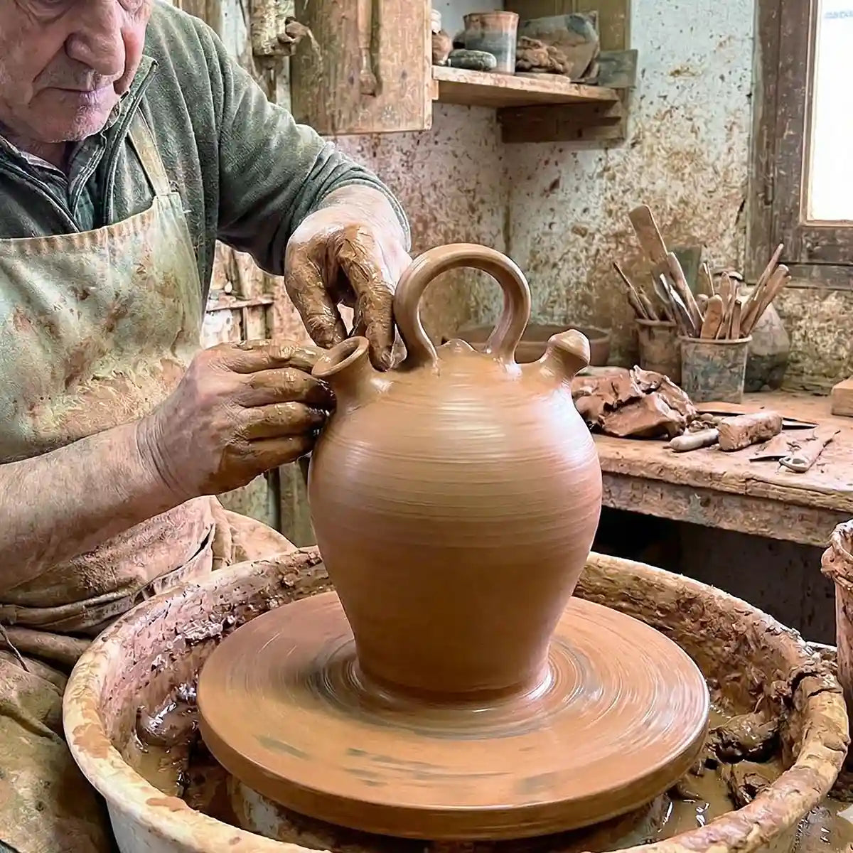 Un artigiano anziano con le mani sporche di argilla modella un grande vaso su un tornio da vasaio all'interno di un laboratorio rustico.