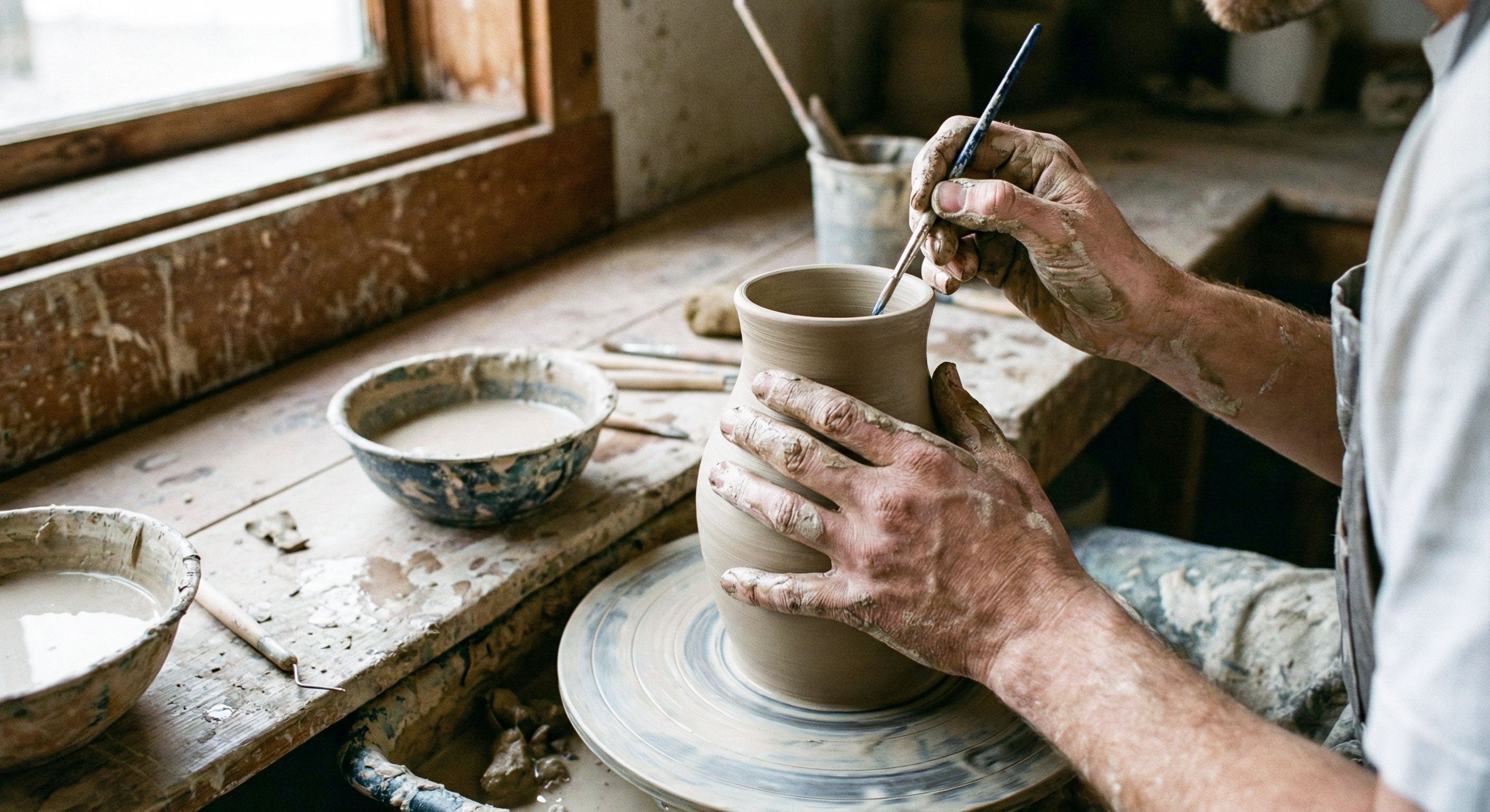 Mani di artigiano che modellano un vaso in argilla al tornio, dettaglio della lavorazione manuale e della maestria artigiana dietro le ceramiche Vicode.
