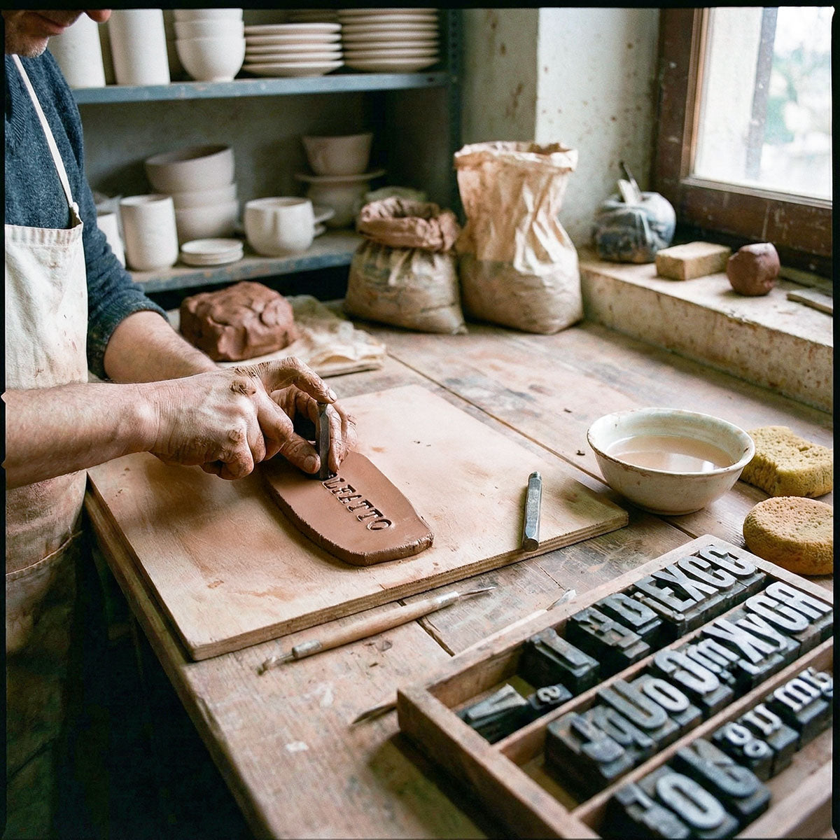 Mani di artigiano al lavoro che incidono lettere su una scultura in argilla fresca, circondato da strumenti per la ceramica e timbri tipografici, simbolo della personalizzazione artigianale.