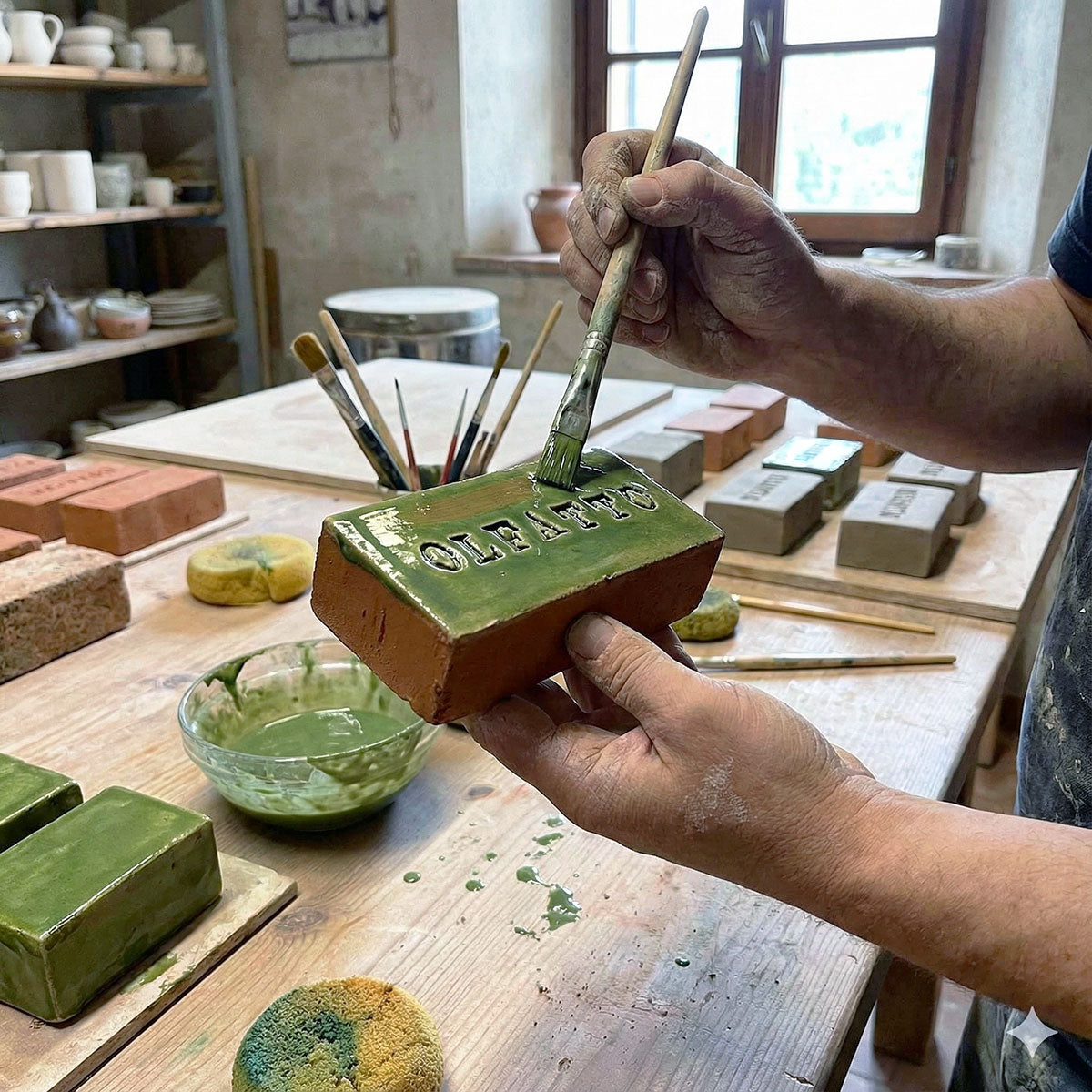"Primo piano delle mani di un ceramista artigiano nel suo laboratorio mentre applica con un pennello dello smalto verde su un blocco di argilla rettangolare con la scritta incisa 'OLFATTO'. Sul tavolo di lavoro sono visibili altri strumenti e materiali ceramici.