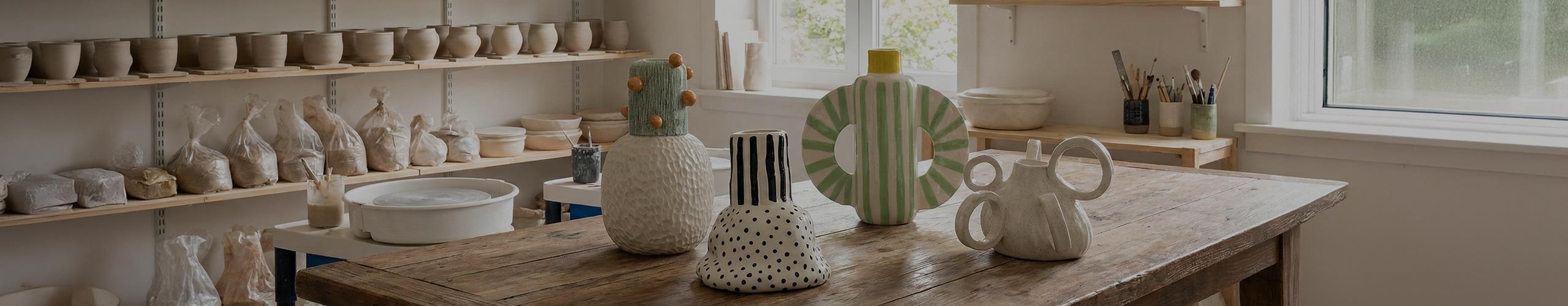 Un'immagine banner orizzontale mostra un luminoso laboratorio di ceramica artigianale. Su un tavolo di legno rustico in primo piano sono esposte quattro sculture in ceramica uniche: un vaso bianco con anelli multipli, un vaso con strisce nere e pois, un vaso verde e bianco con manici alati, e un vaso testurizzato con pomelli arancioni. Lo sfondo è un atelier ordinato con scaffali pieni di vasi grezzi, un tornio e attrezzi.