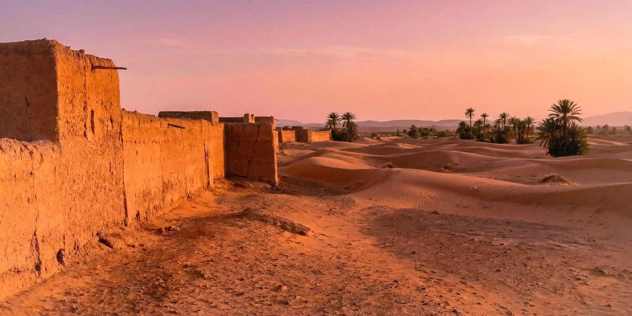 Paesaggio panoramico al tramonto con architettura tradizionale in terra cruda (Kasbah) e palme nel deserto, sfondo della sezione 'Un viaggio chiamato Vicode'.