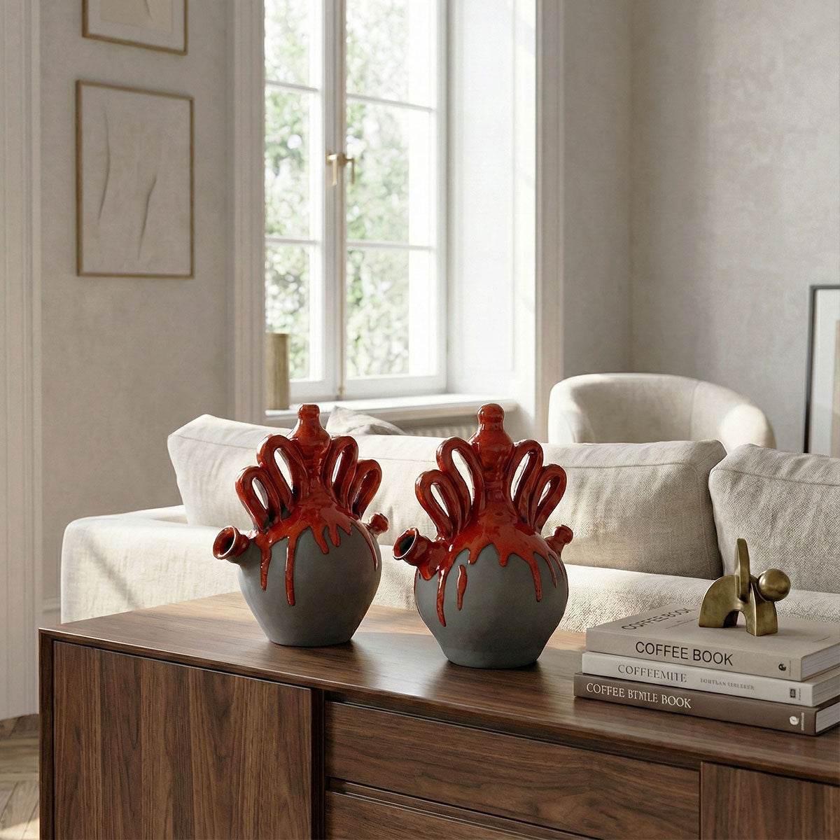 Due vasi scultorei in ceramica scura con accenti rossi posizionati su una credenza in legno in un soggiorno luminoso, esempio di come i vasi Vicode arredano lo spazio moderno.