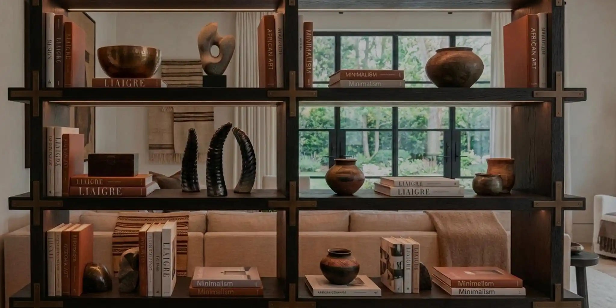 Banner promozionale per il Black Friday che mostra una lussuosa libreria in legno scuro con illuminazione integrata, contenente oggetti d'arte e libri di design. Testo bianco sovrapposto recita: 'The Black Friday Edit', 'Oggetti unici per spazi curati.', 'Sconti fino al 50% su una selezione esclusiva.' e un pulsante 'SCOPRI LA SELEZIONE'