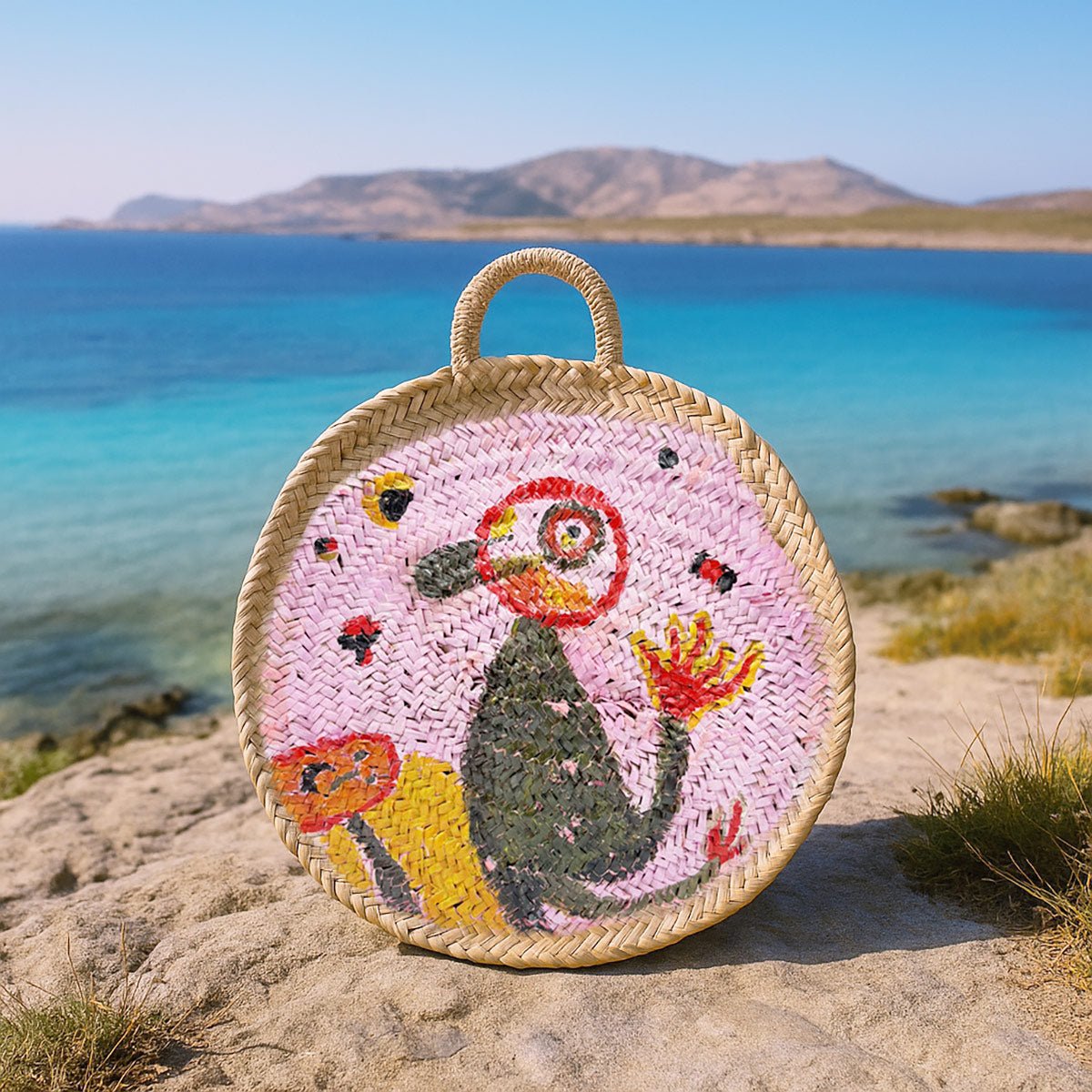 Borsa in paglia Porto Cervo, pezzo unico L’Uccello e la Notte, dipinto a mano da Carlo.