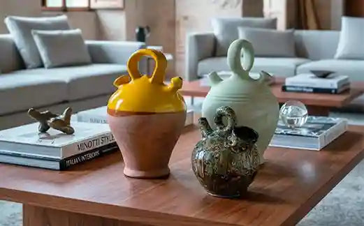 Botijo spagnoli artigianali su tavolino da salotto moderno – decorazione da interni esclusiva VICODE.