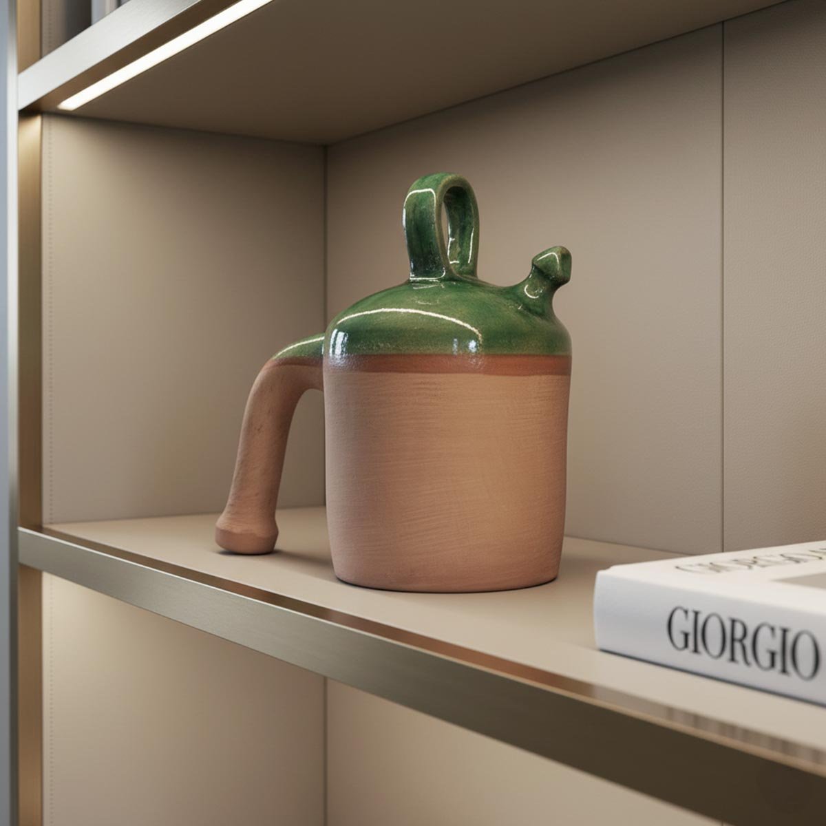 Botijo verde decorativo Sorso di Luce, scultura in terracotta con smalto verde cristallino.