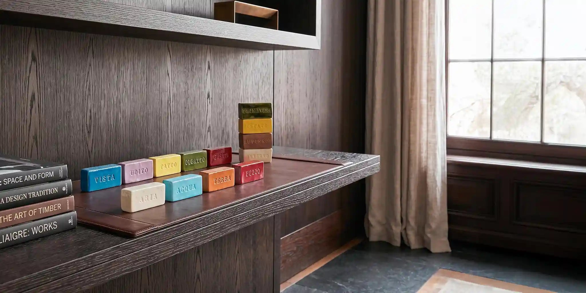 Dettaglio arredamento moderno di lusso: scrivania in legno scuro con sottomano in pelle, pila di libri di design (Christian Liaigre, Fornasetti) e collezione di sculture decorative in ceramica colorata.
