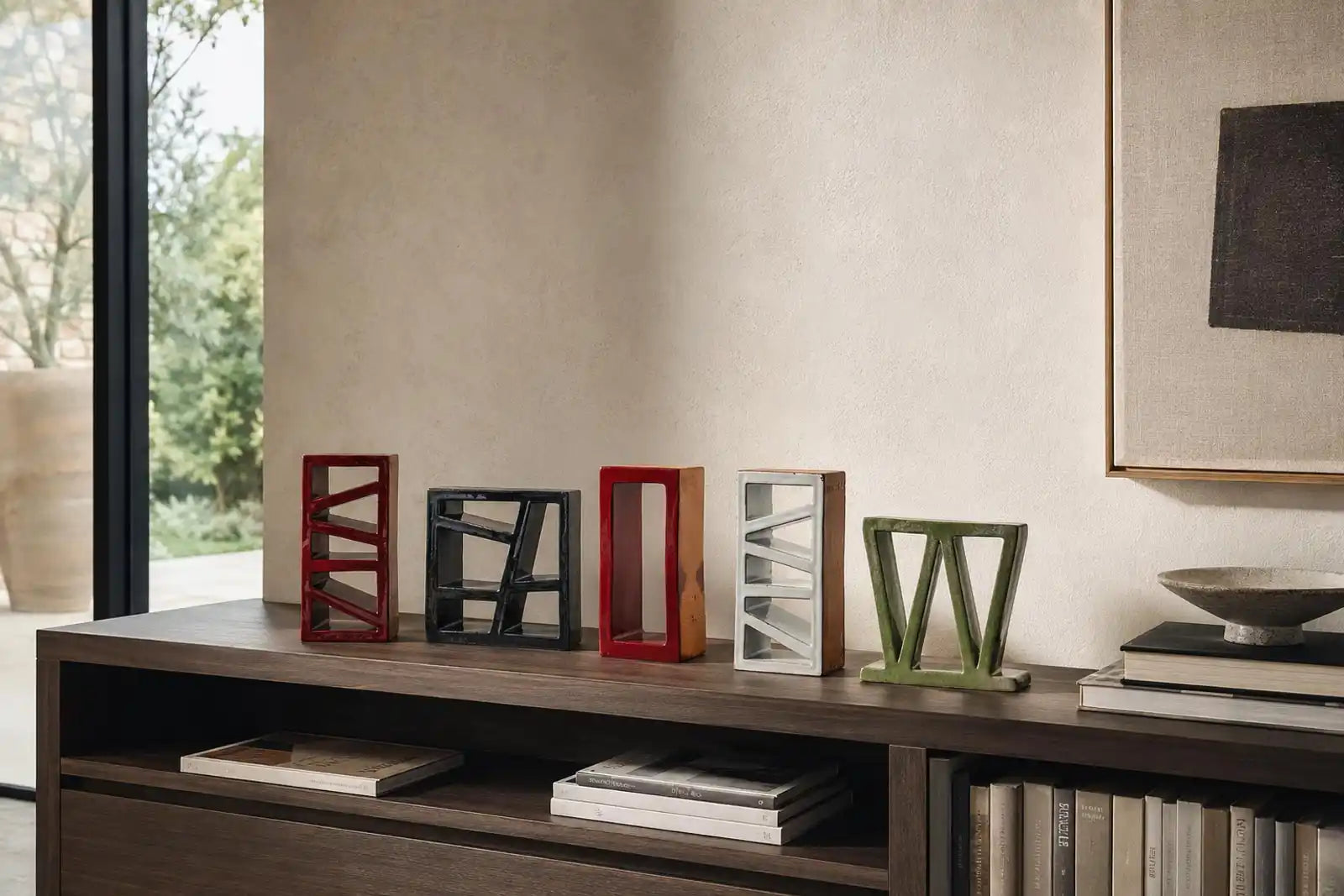Ceramiche mediterranee smaltate disposte su una madia in un interno contemporaneo elegante