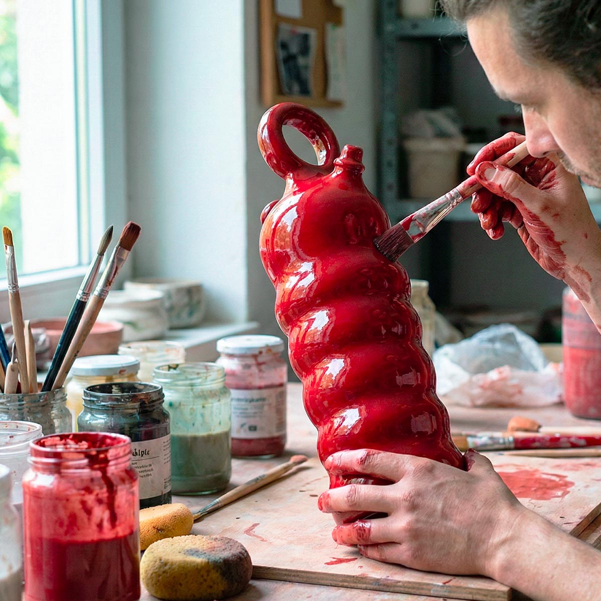 Le mani dell'artigiano mentre applicano con un pennello dello smalto rossobrillante su di un botijo in terracotta.