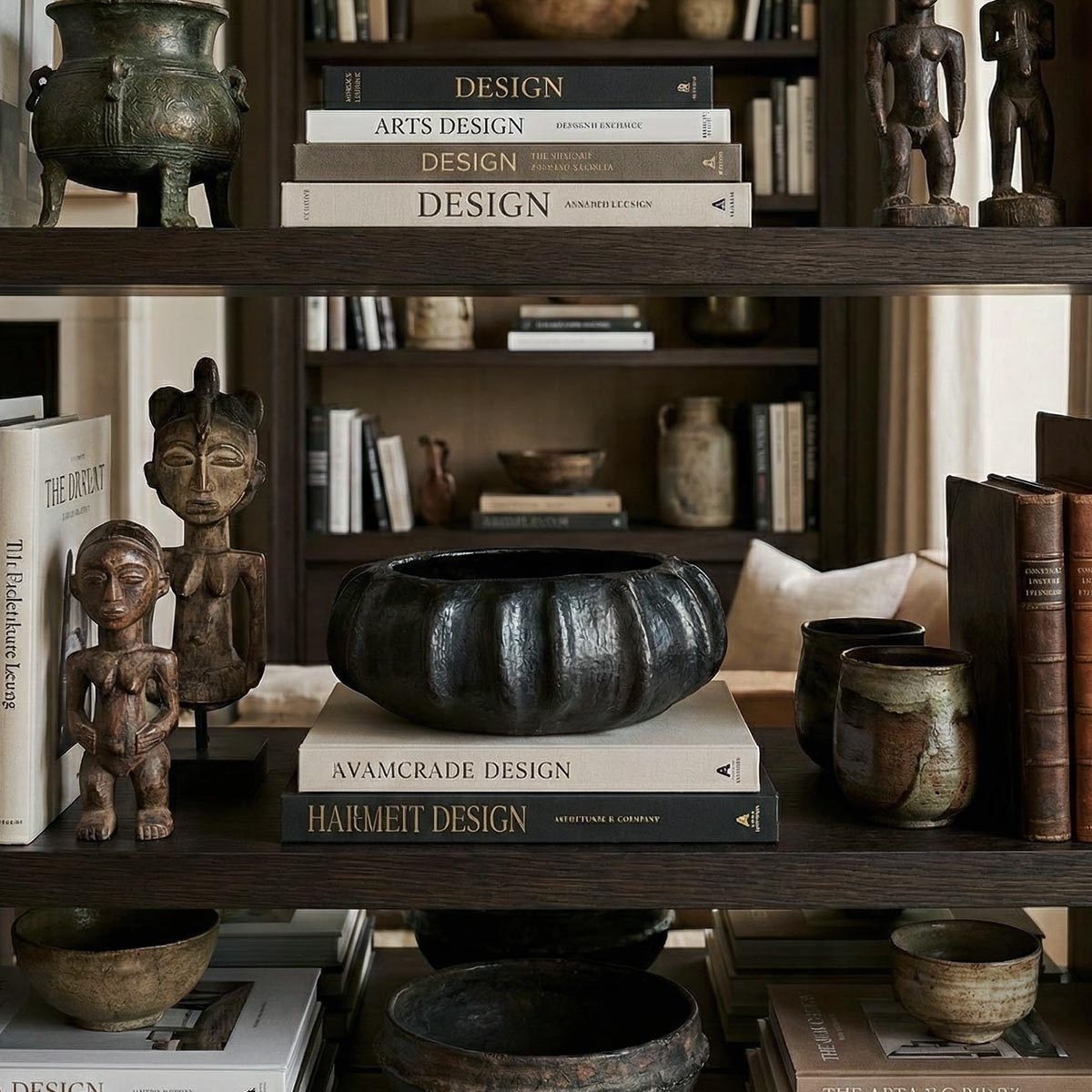 Cesto scultura in ceramica nera ambientato su un tavolo di design moderno