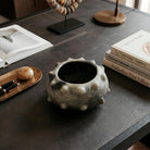 Dettaglio della corona di protuberanze coniche modellate a mano in argilla cruda.