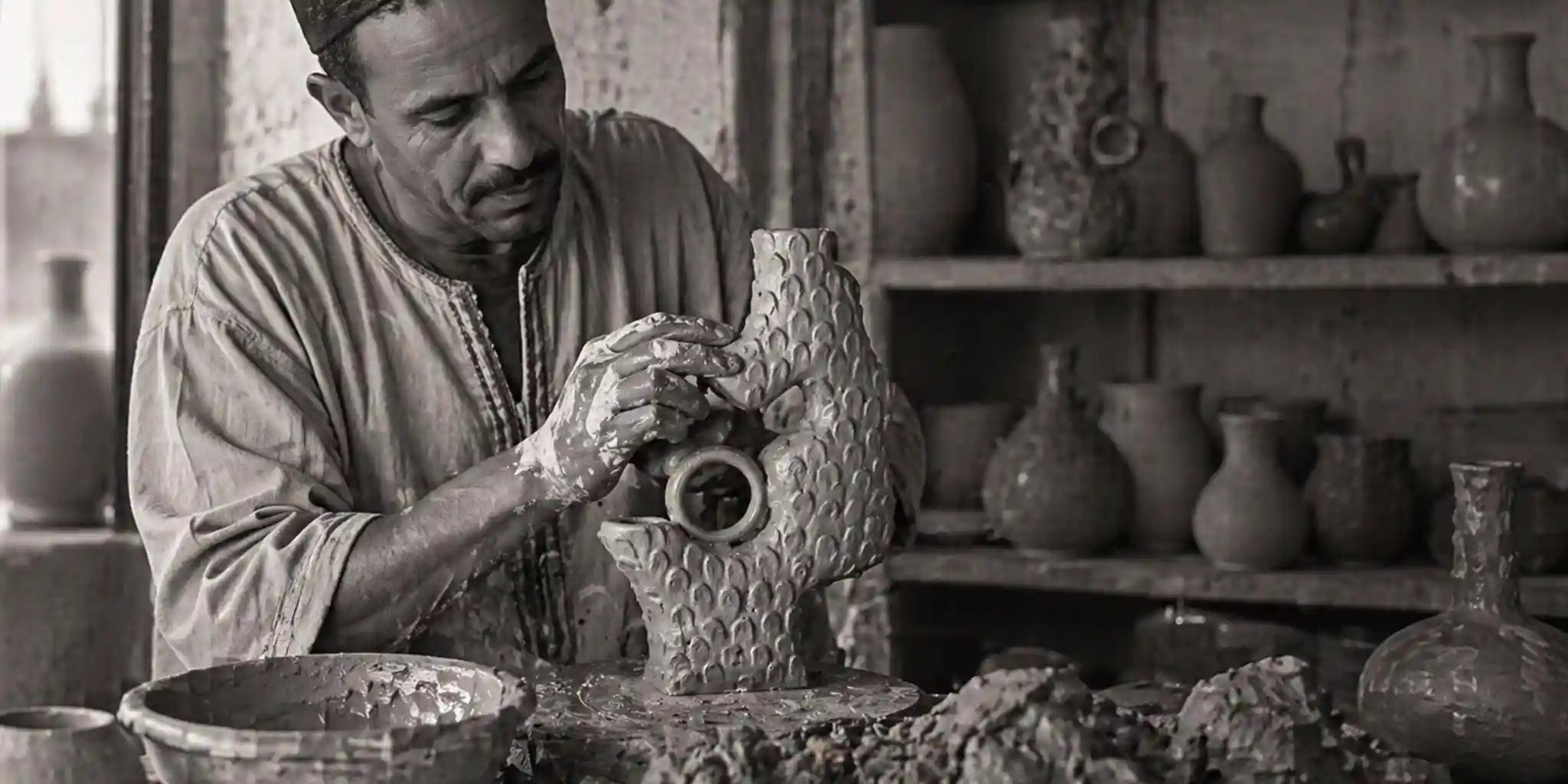 Artigiano ceramista al lavoro su un vaso in argilla decorato a mano, nel suo atelier tra forme e oggetti artigianali.