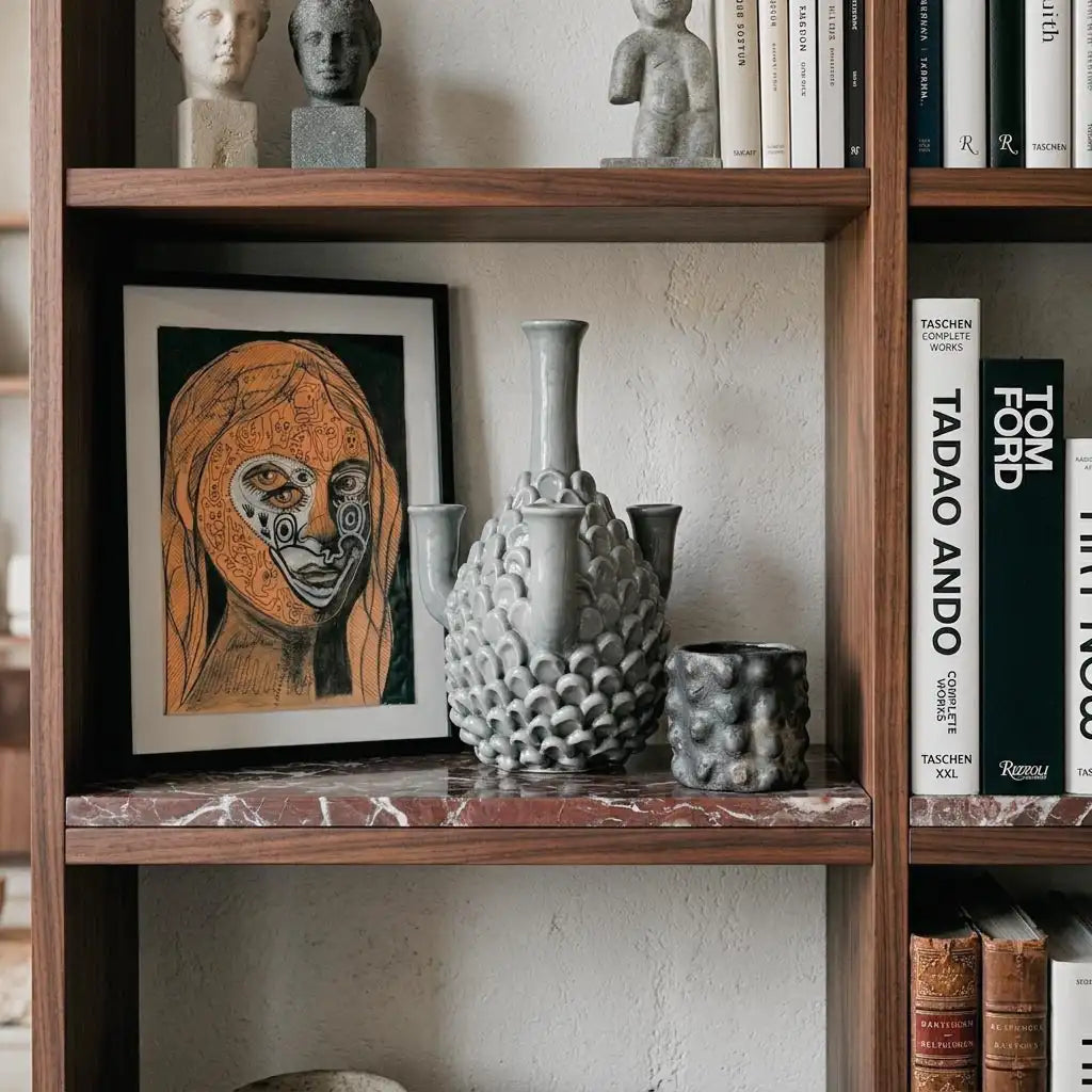 Composizione con quadro contemporaneo ceramica artigianale e piccola scultura su una madia
