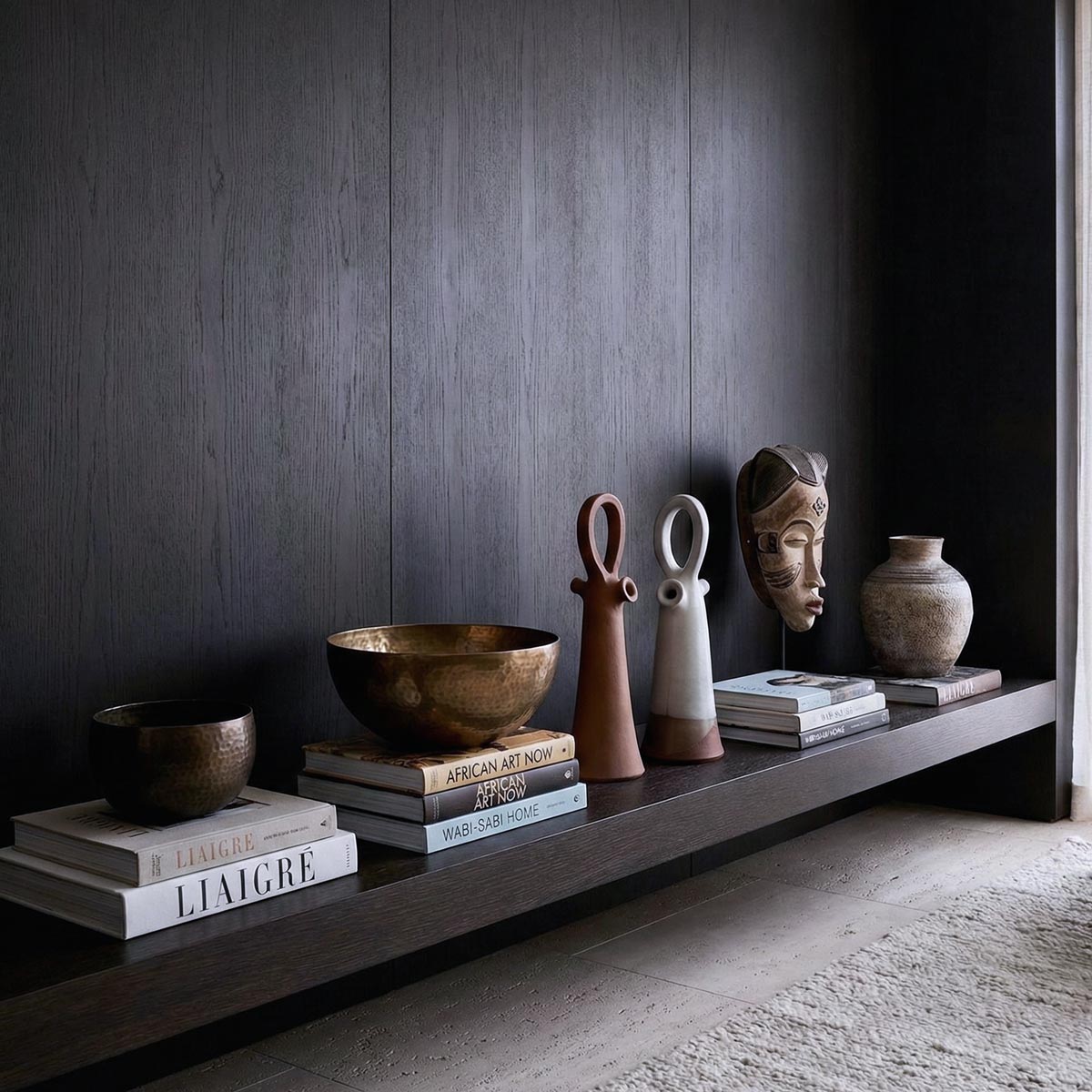 Coppia di sculture artigianali in ceramica, reinterpretazione moderna del 'botijo'. Quella a sinistra è in terracotta opaca, quella a destra in ceramica smaltata bianca con base grezza. Sono disposte su una lunga mensola sospesa in legno scuro, accompagnate da una ciotola in bronzo martellato, pile di libri di design 'Liaigre' e una maschera etnica in legno, contro una parete boiserie scura.