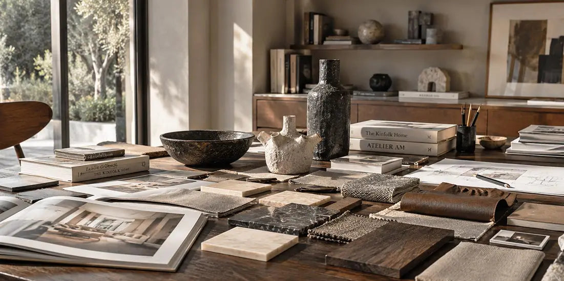 Tavolo di progettazione con campioni di materiali, ceramiche, libri e disegni per curatela e sourcing di interior design Vicode.