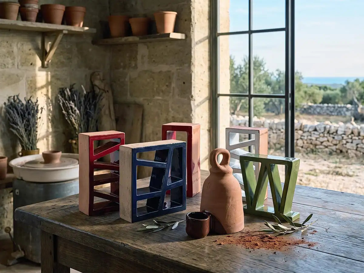 Dettaglio di ceramiche mediterranee in terracotta e argilla naturale selezionate da Vicode