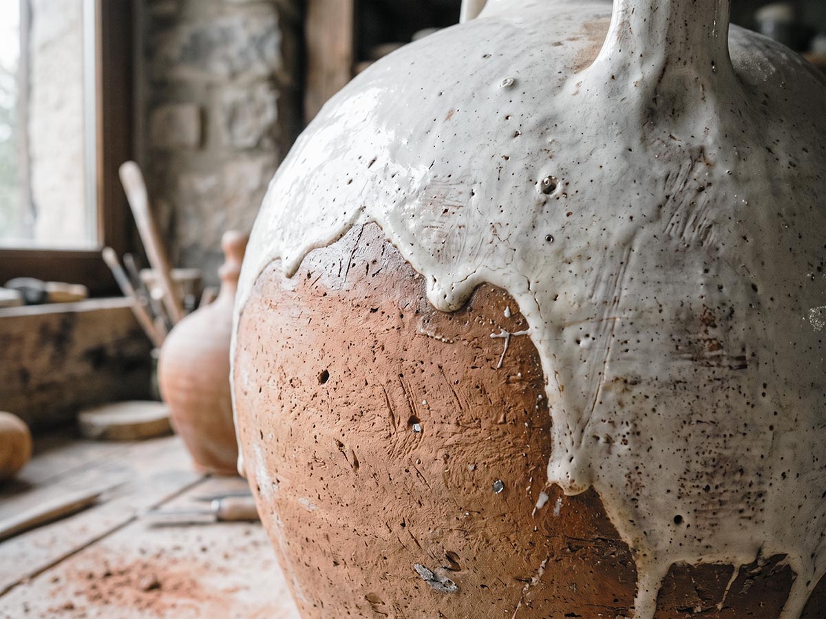 Dettaglio della superficie materica di un botijo spagnolo in ceramica artigianale
