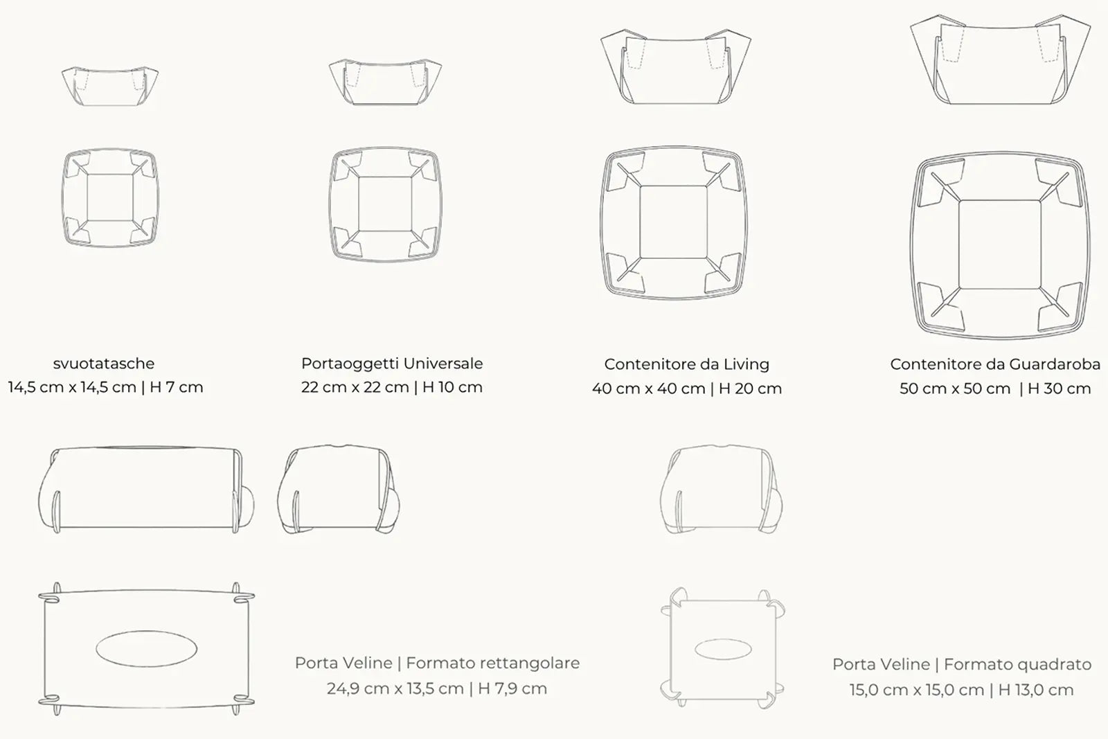 Disegni tecnici e proporzioni dei contenitori e porta veline della collezione GESTO