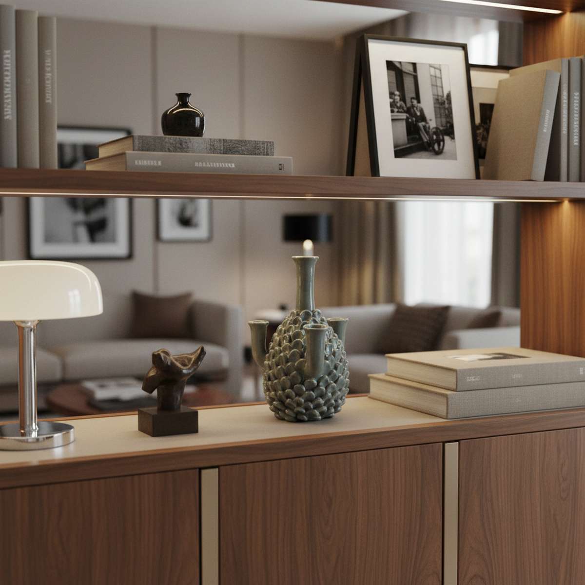 Vaso scultoreo a pigna in ceramica grigia su sfondo bianco neutro