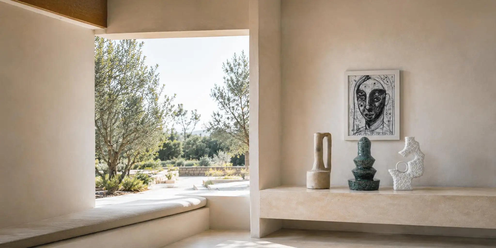 Interno mediterraneo contemporaneo con vista sul giardino di ulivi, quadro d’autore e sculture decorative in ceramica disposte su una consolle in pietra chiara.