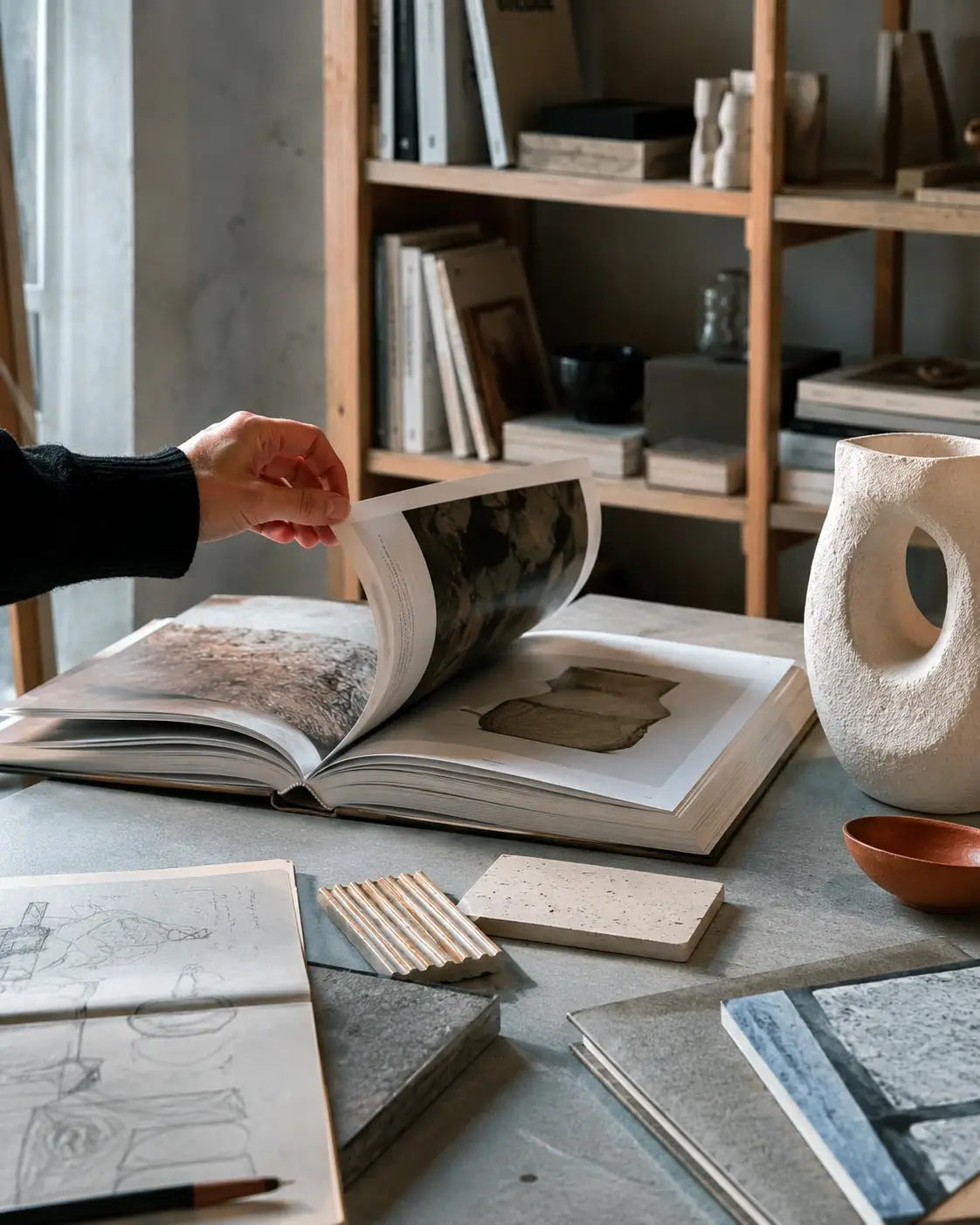mani che sfogliano un libro all'interno dello studio vicode, dove ci sono materiali e vasi