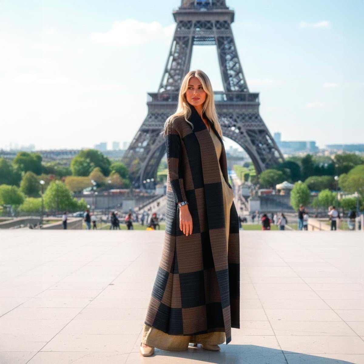 Kimono soprabito Le Marais, caftano trapuntato Vicode con motivo a scacchiera nero e fango.