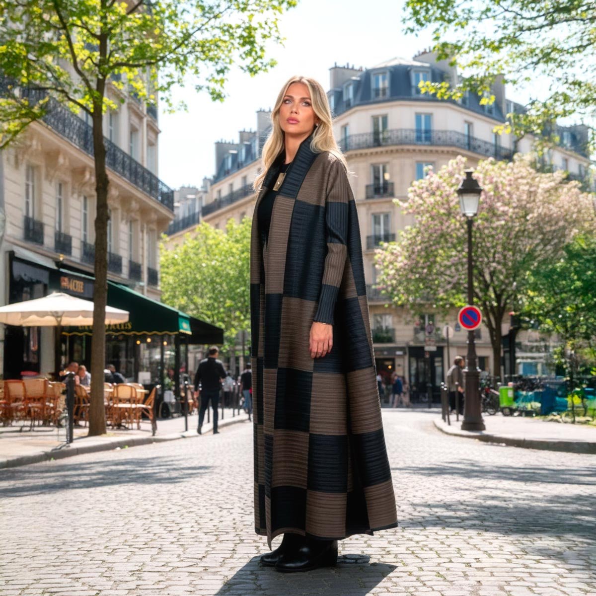 Il caftano Le Marais esposto per mostrare la sua silhouette ampia e architettonica.