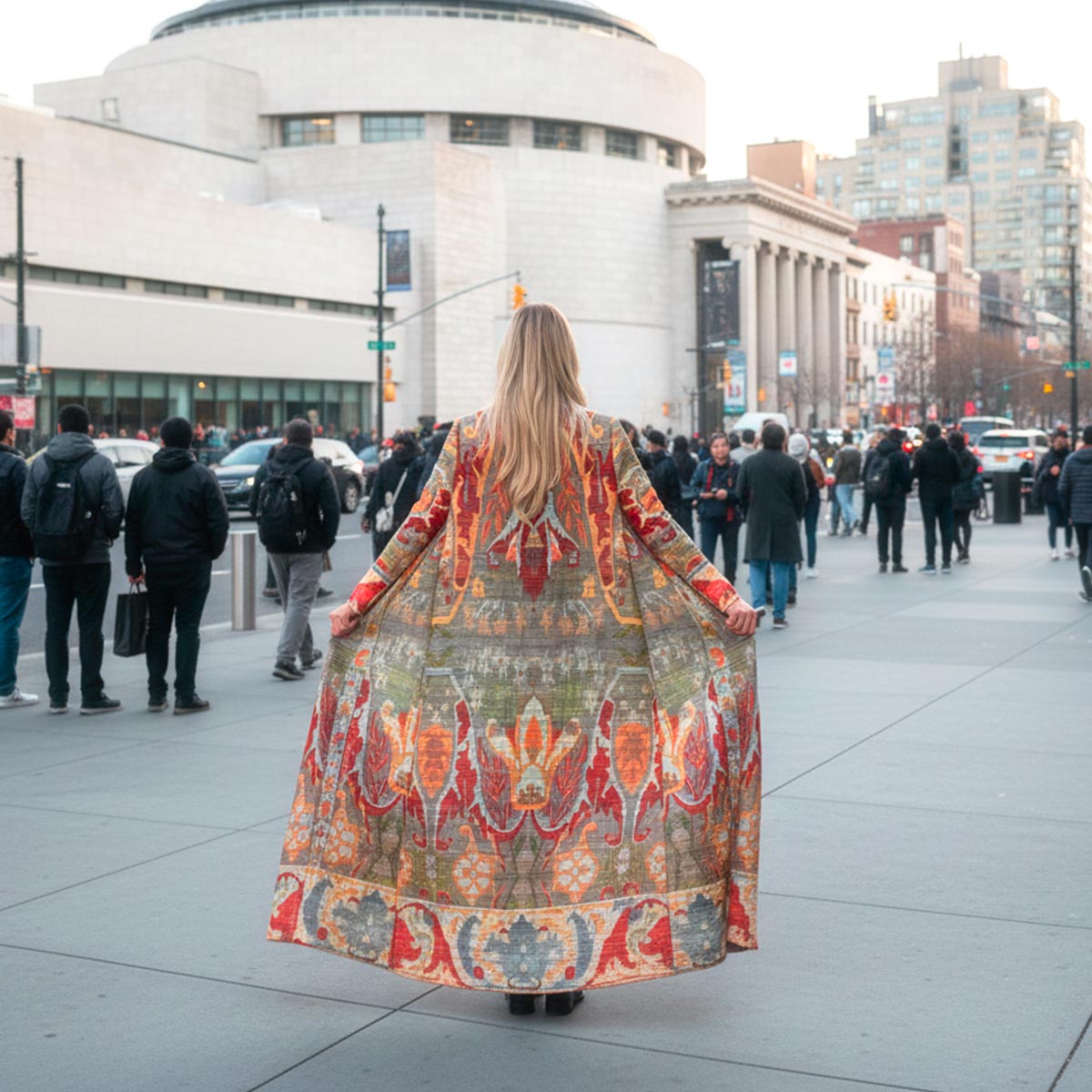 Primo piano del design astratto con pennellate di arancio, rosso e verde del kimono Manhattan.