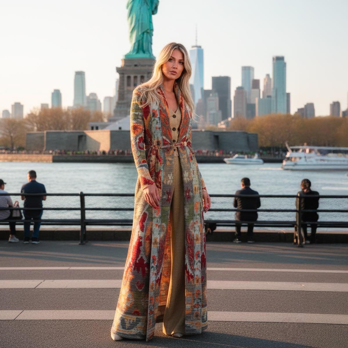 Il kimono Manhattan indossato chiuso con la sua cintura, come un elegante caftano urbano.