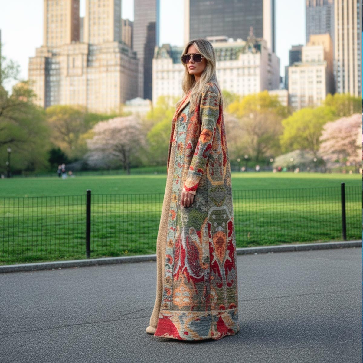 Dettaglio del tessuto pregiato e della trama complessa del kimono soprabito Manhattan.