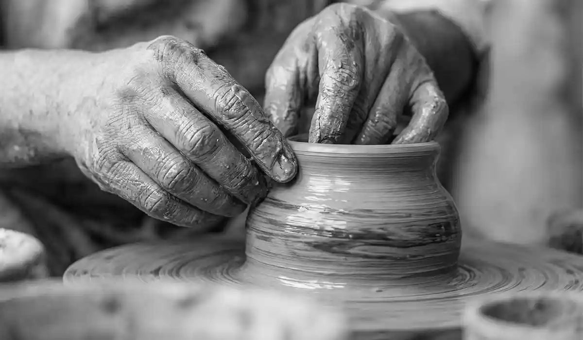 Dettaglio lavorazione artigianale Vicode: l'atto umano di creare ceramiche uniche e imperfette.