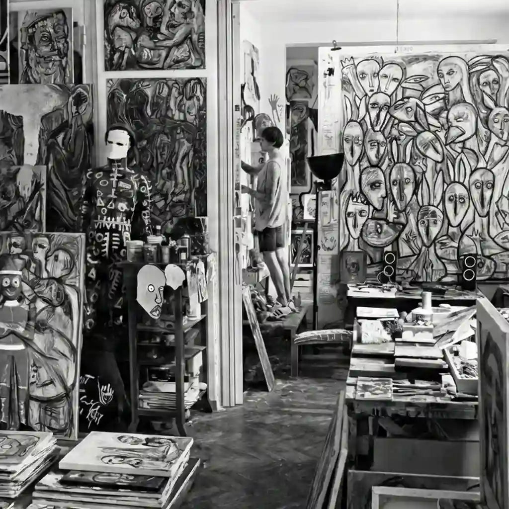 Dettaglio dell'artista Massimiliano Precisi al lavoro nel suo atelier, mentre il suo gesto creativo prende forma sulla tela attraverso il pennello per la collezione vicode