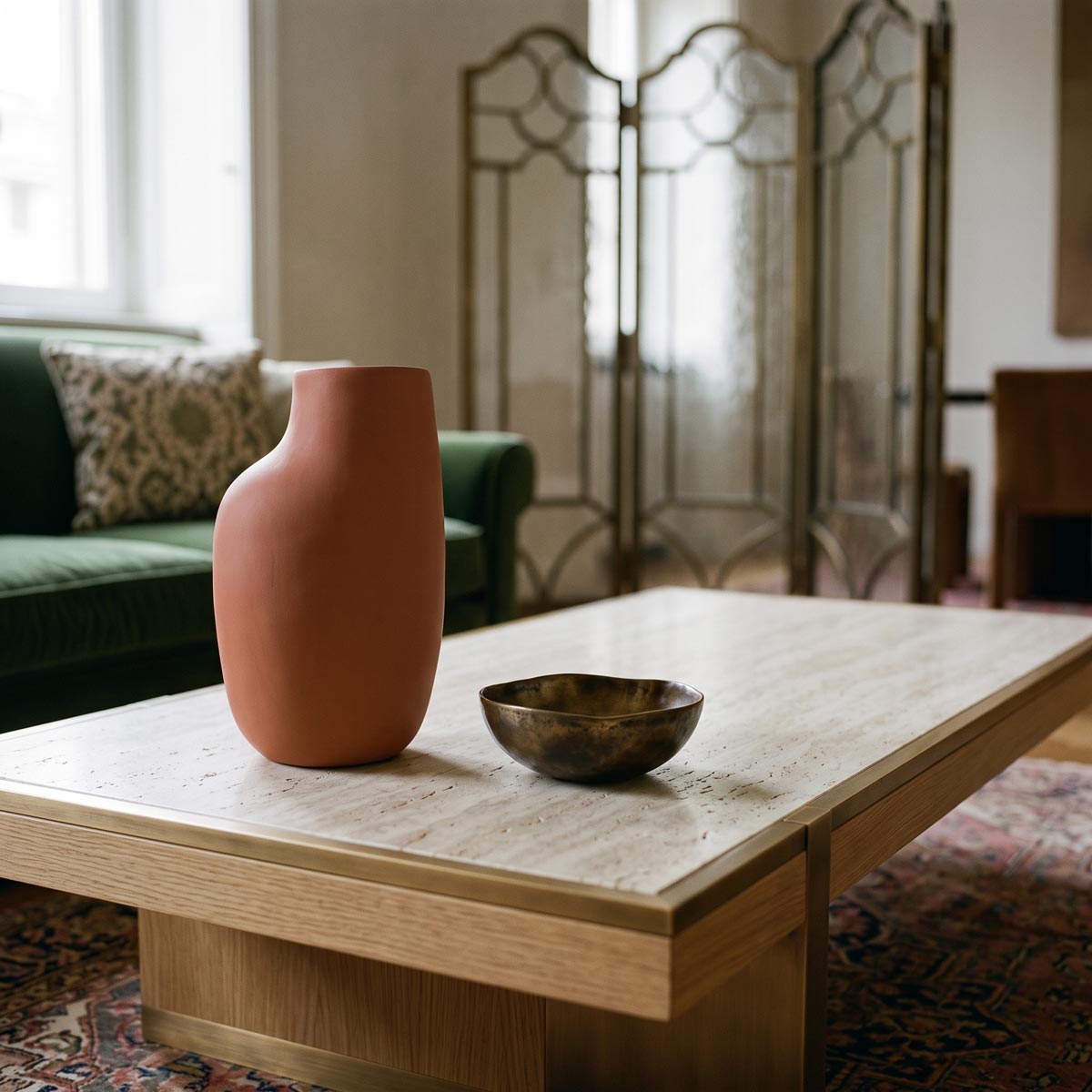Vaso di design in ceramica Nesso color terracotta inserito in una composizione d'interni
