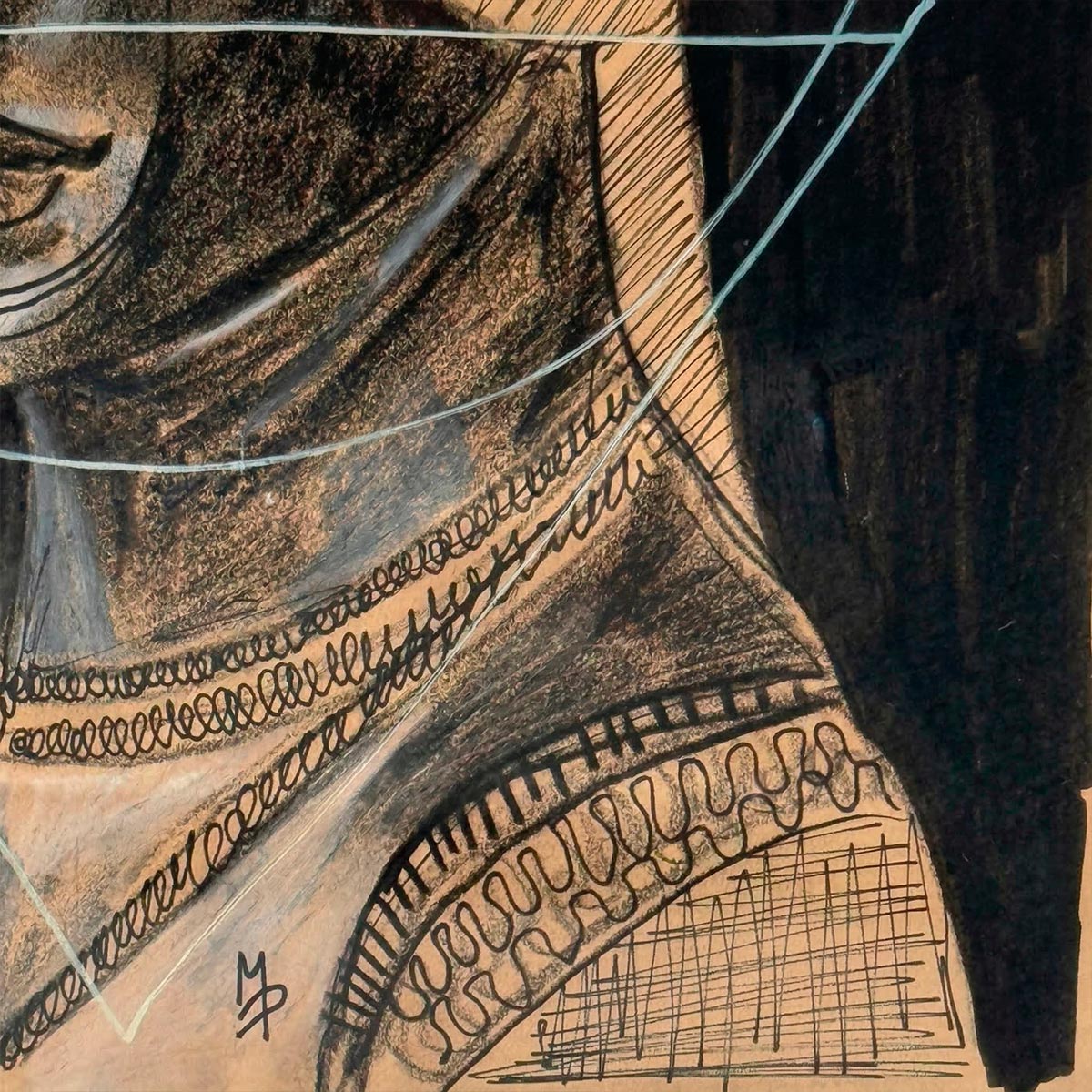 Visione d'insieme del quadro che mostra la narrazione silente tra figura umana e vuoto del fondo nero.