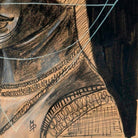 Visione d'insieme del quadro che mostra la narrazione silente tra figura umana e vuoto del fondo nero.