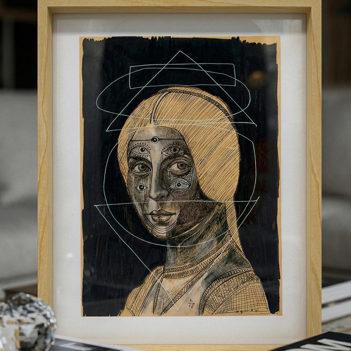 Dettaglio del tratto grafico del volto nel quadro d'autore Massimiliano Precisi, evidenziando la tecnica del tratteggio.