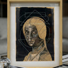 Dettaglio del tratto grafico del volto nel quadro d'autore Massimiliano Precisi, evidenziando la tecnica del tratteggio.