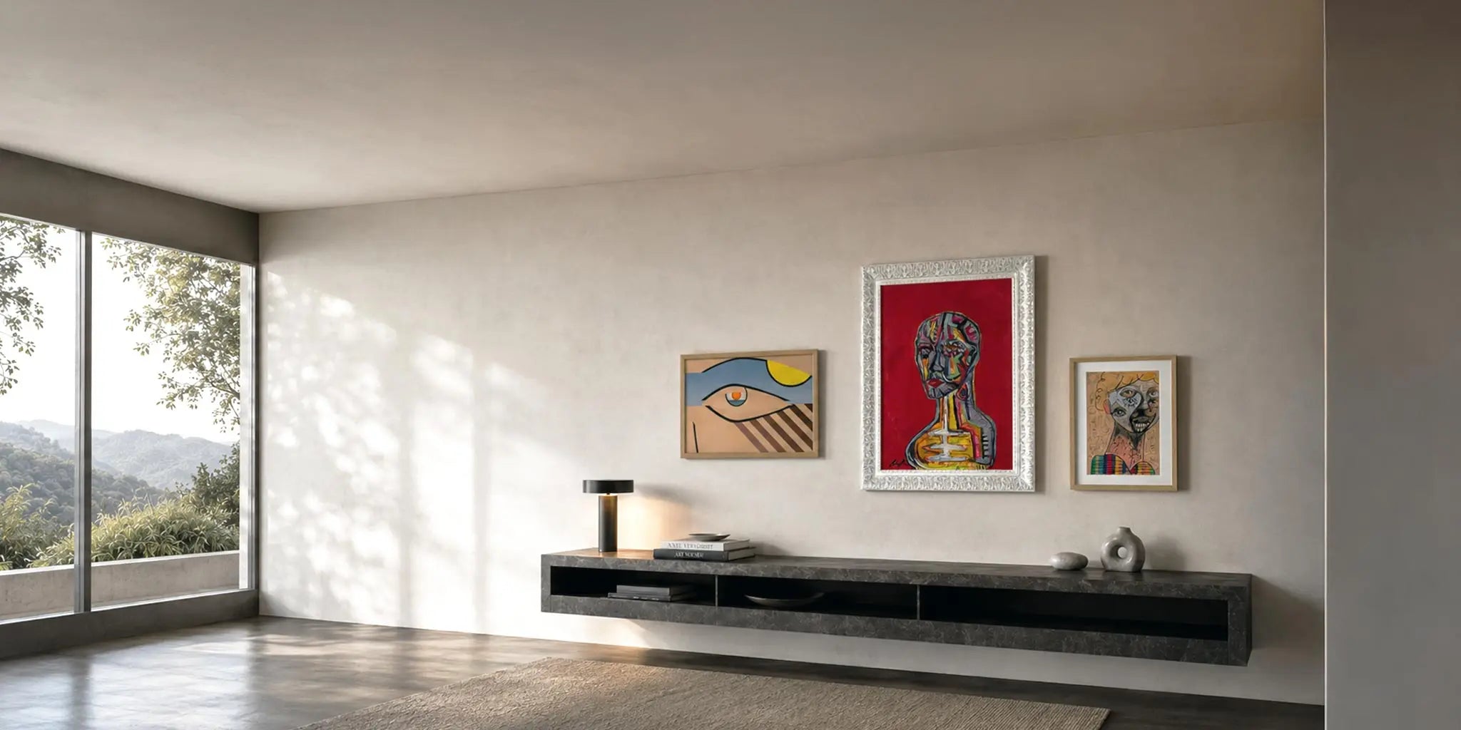 Sofisticata parete galleria in una zona living di design, illuminazione d'accento che valorizza tre quadri unici incorniciati. Sotto le opere, una console minimal in marmo con libri d'arte e un vaso in ceramica artigianale.