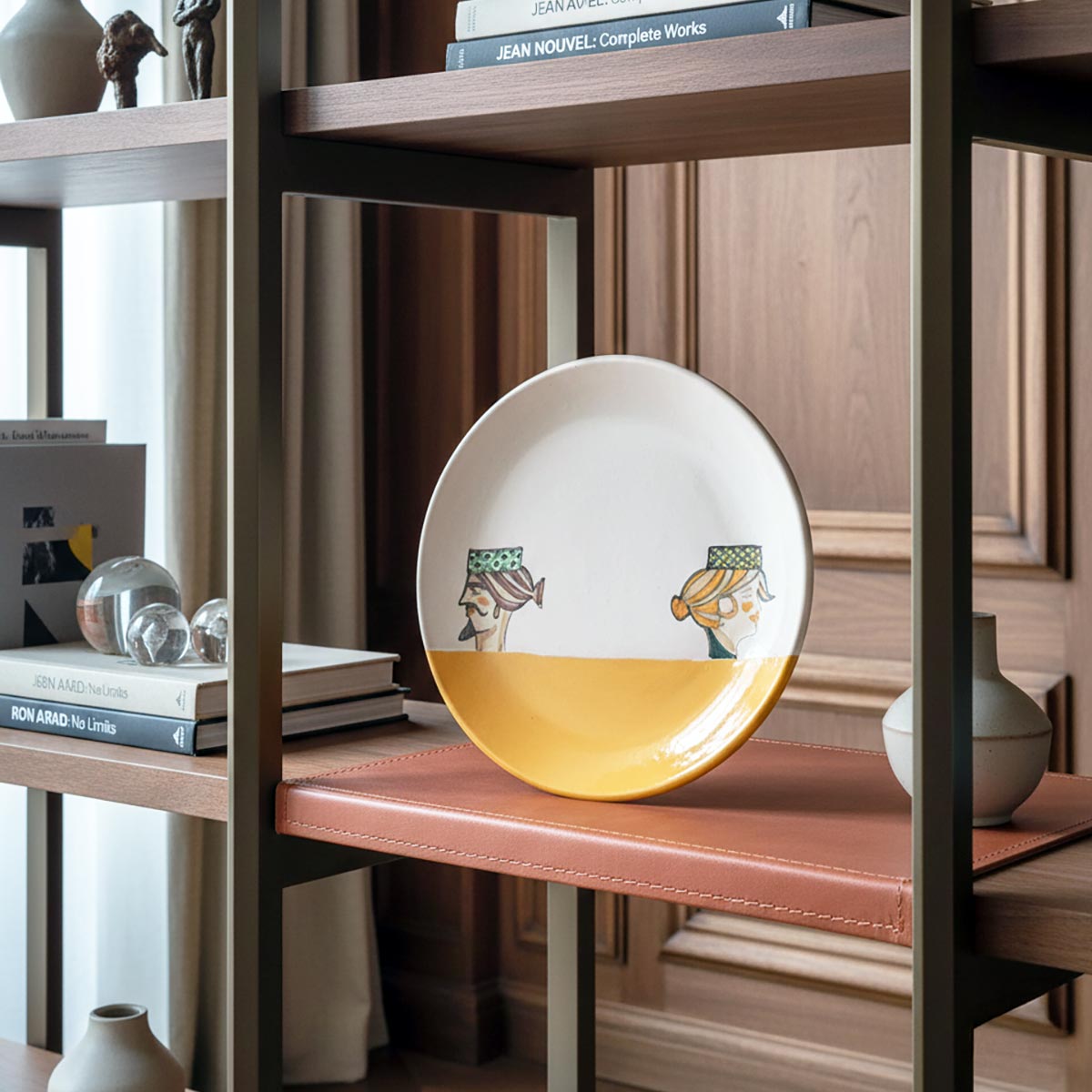 Il piatto maiolica dipinto accanto a un libro per mostrarne le dimensioni.