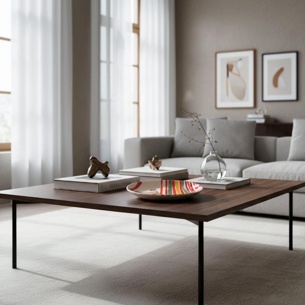 Il piatto ceramica dipinto Scimmia Nomade usato come svuotatasche su una console.