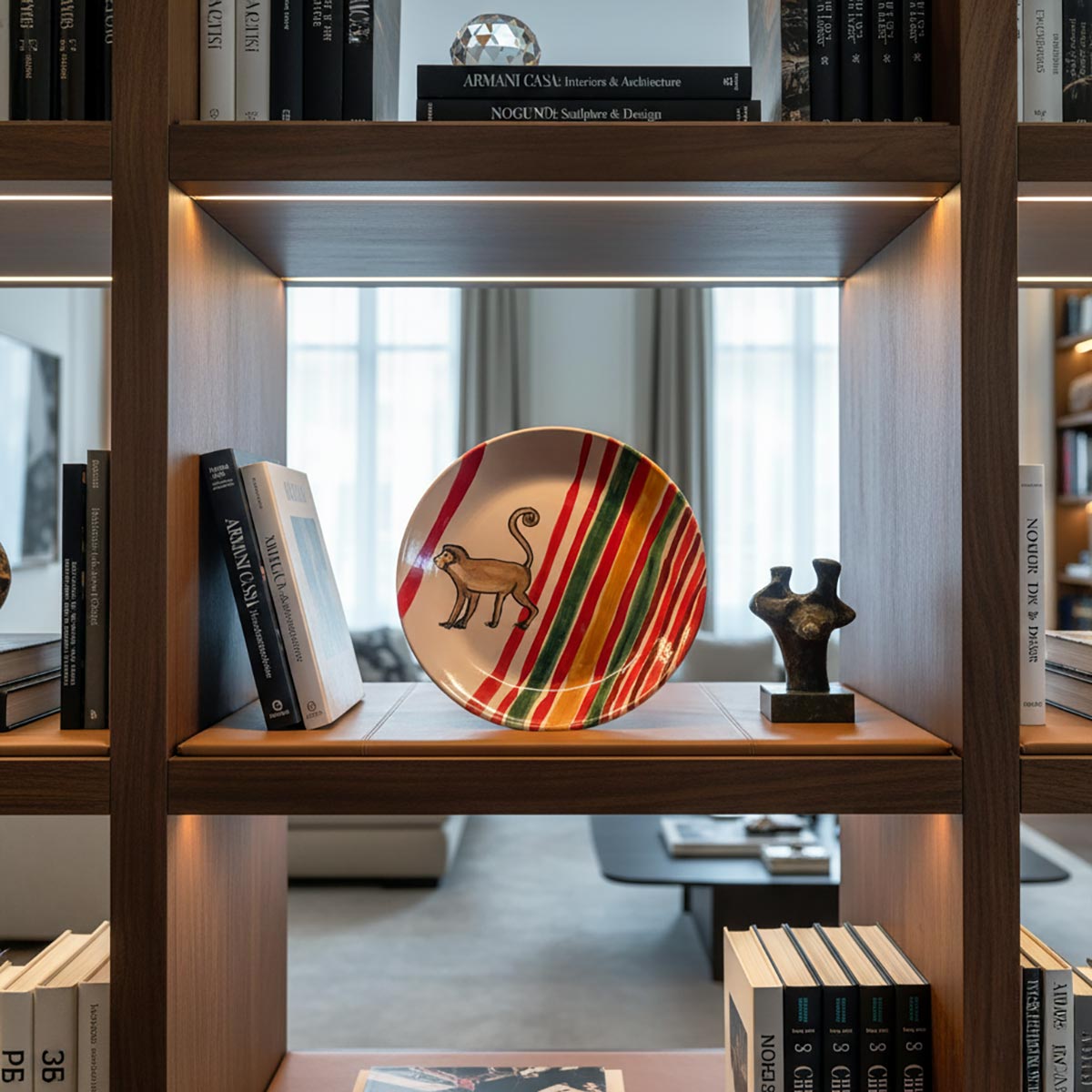 Piatto ceramica dipinto Scimmia Nomade di Artema Galli, con figura naif su fondo a strisce.