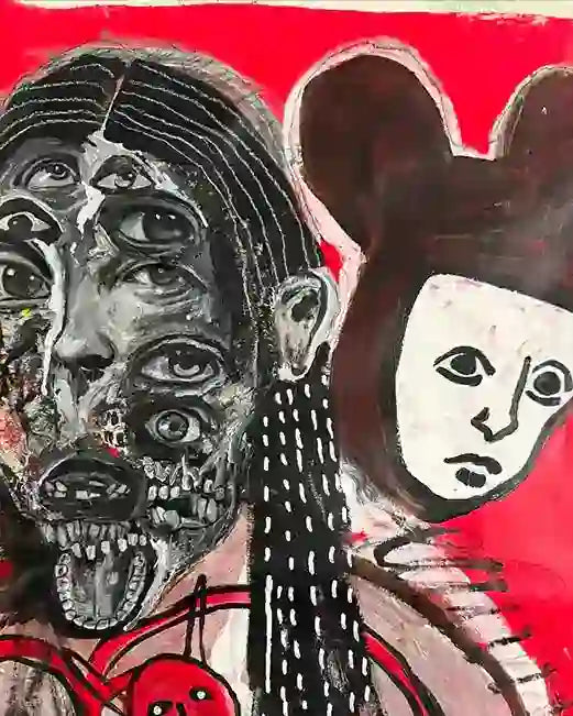 Quadro dipinto a mano in stile contemporaneo con volti astratti e colori vivaci, arte unica per pareti.